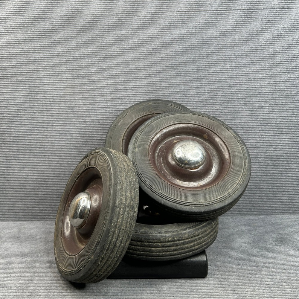 Vintage 8 Inch pedal car Rubber Wheels Brown Metal Rims Chrome Hubcaps Set of 4